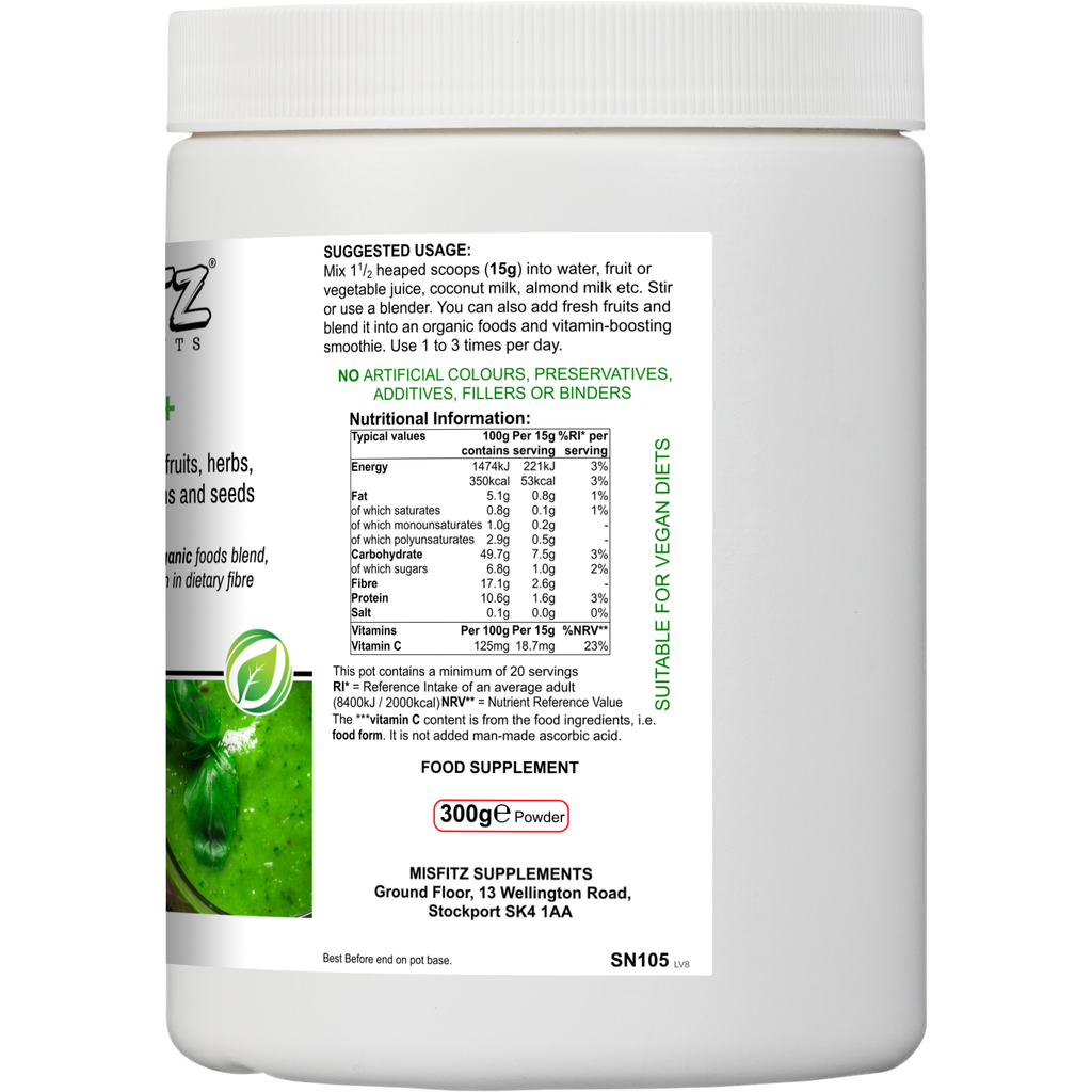 Supplement container with label showing nutritional information and branding