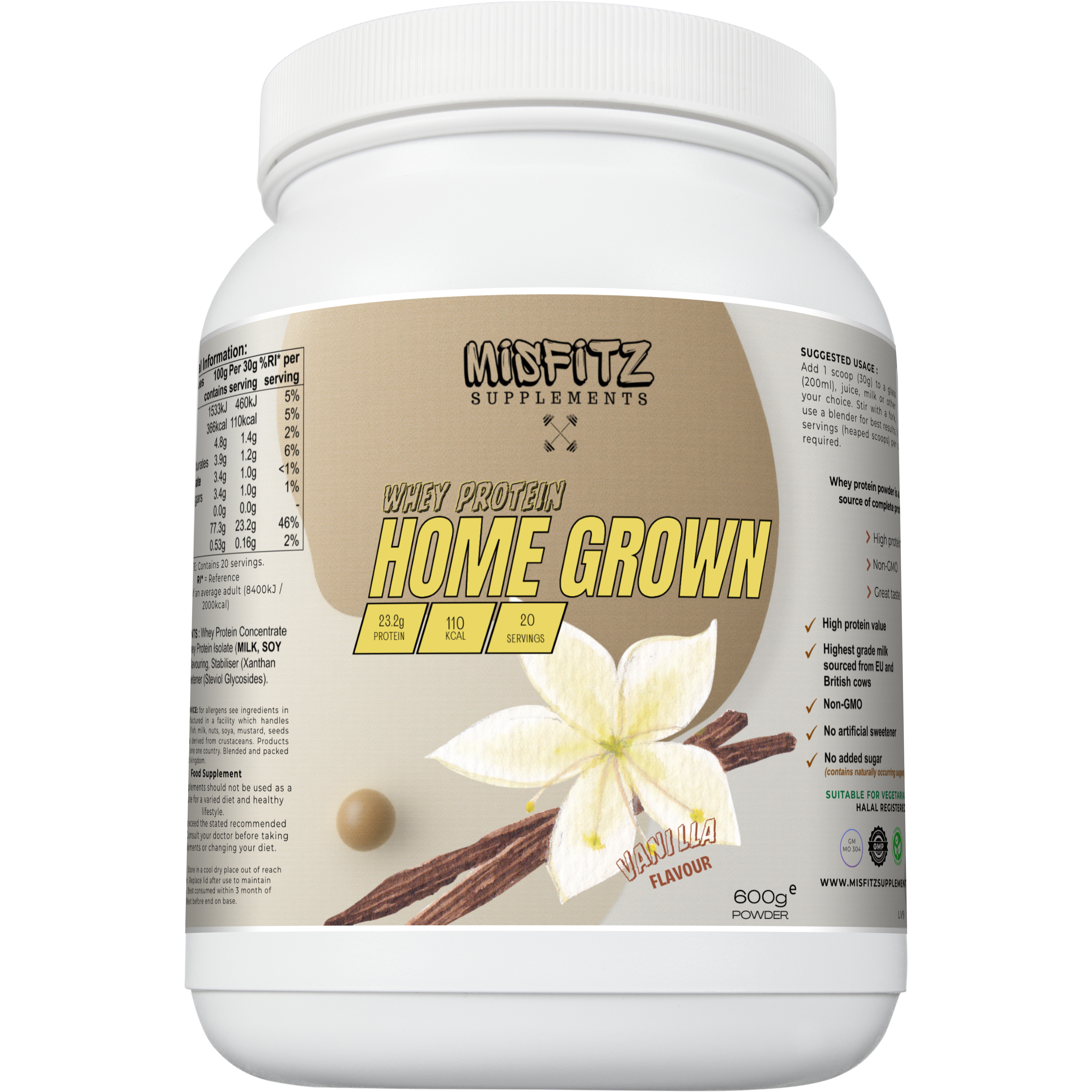 Protein powder container with vanilla flavor label on a white background