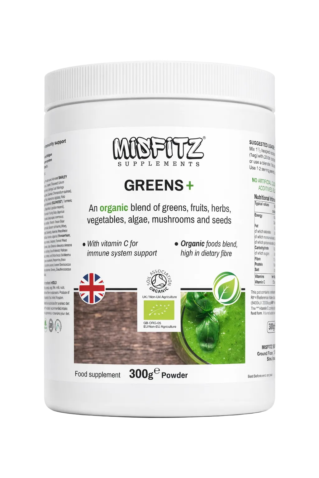 Misfitz Greens+ supplement container on a white background