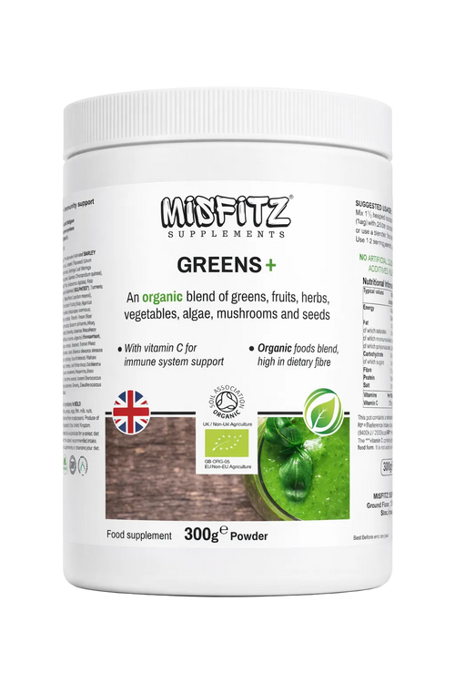 Misfitz Greens+ supplement container on a white background