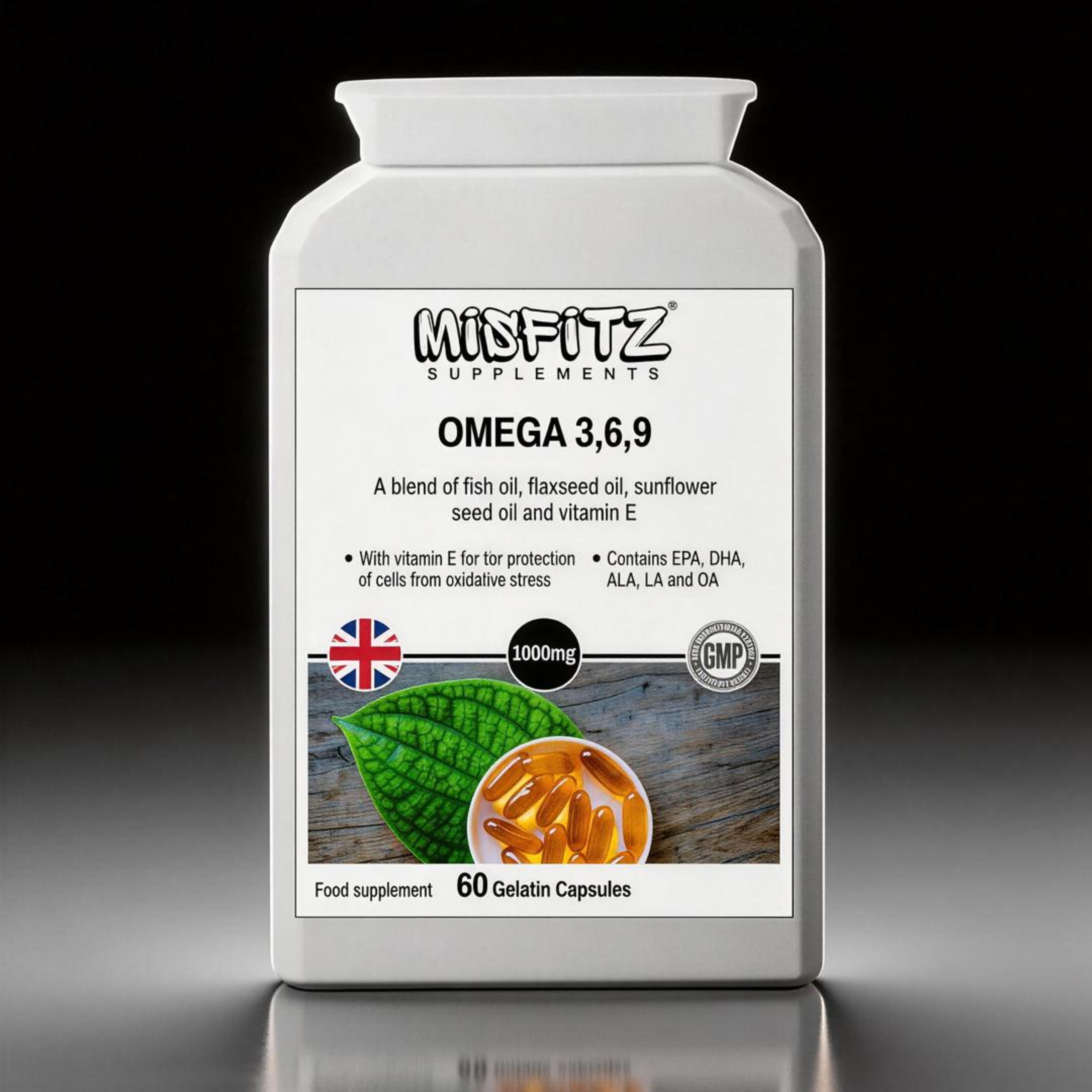 Supplement container labeled 'MIDFITZ Supplements' with omega 3,6,9 focus on a dark background