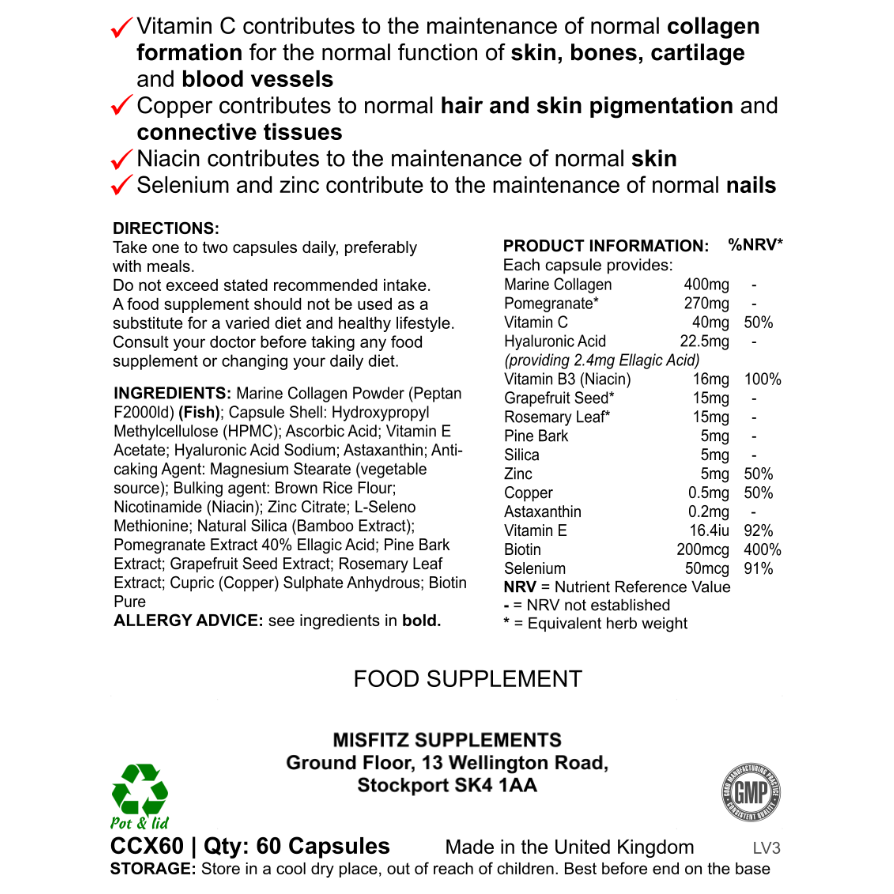 Collagen is an important complex protein in the body that provides structural integrity to key areas such as the skin, hair, nails, bones, joints, tendons, ligaments, cartilage, teeth, gums and blood vessels.